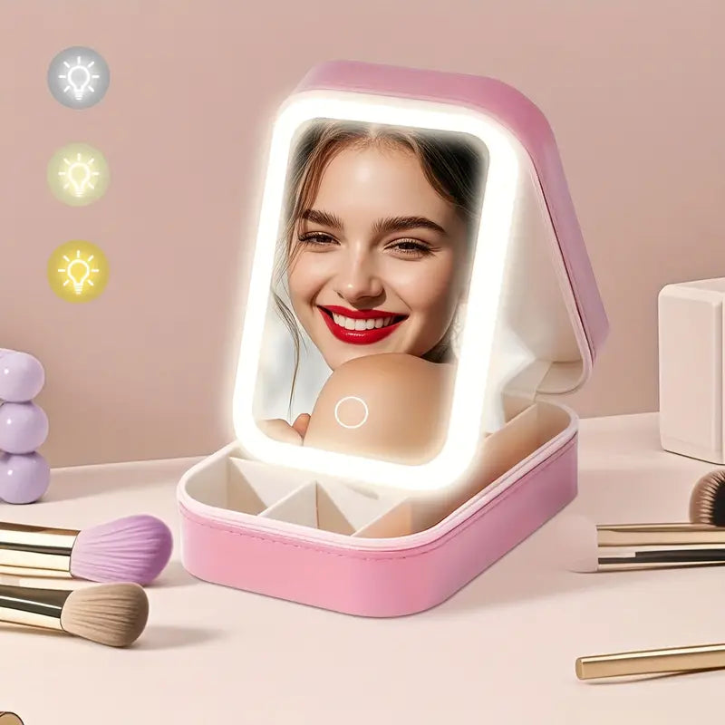 Compact Makeup Bag With LED Mirror, Rechargeable Makeup Mirror with Touch, Ideal Gift for Her, Home & Travel Use